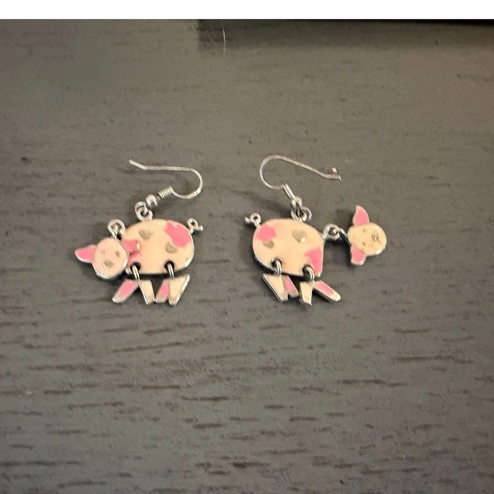 Pink Spotted Pig Enamel Dangle Earrings Silver Tone Articulated Farm Animal Drop